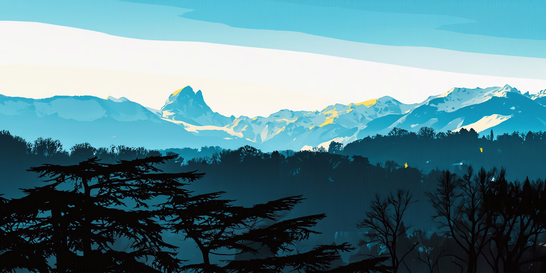 Le pic du Midi d'Ossau et la chaîne des Pyrénées vus depuis Pau, derrière les grands cèdres, en illustration façon affiche