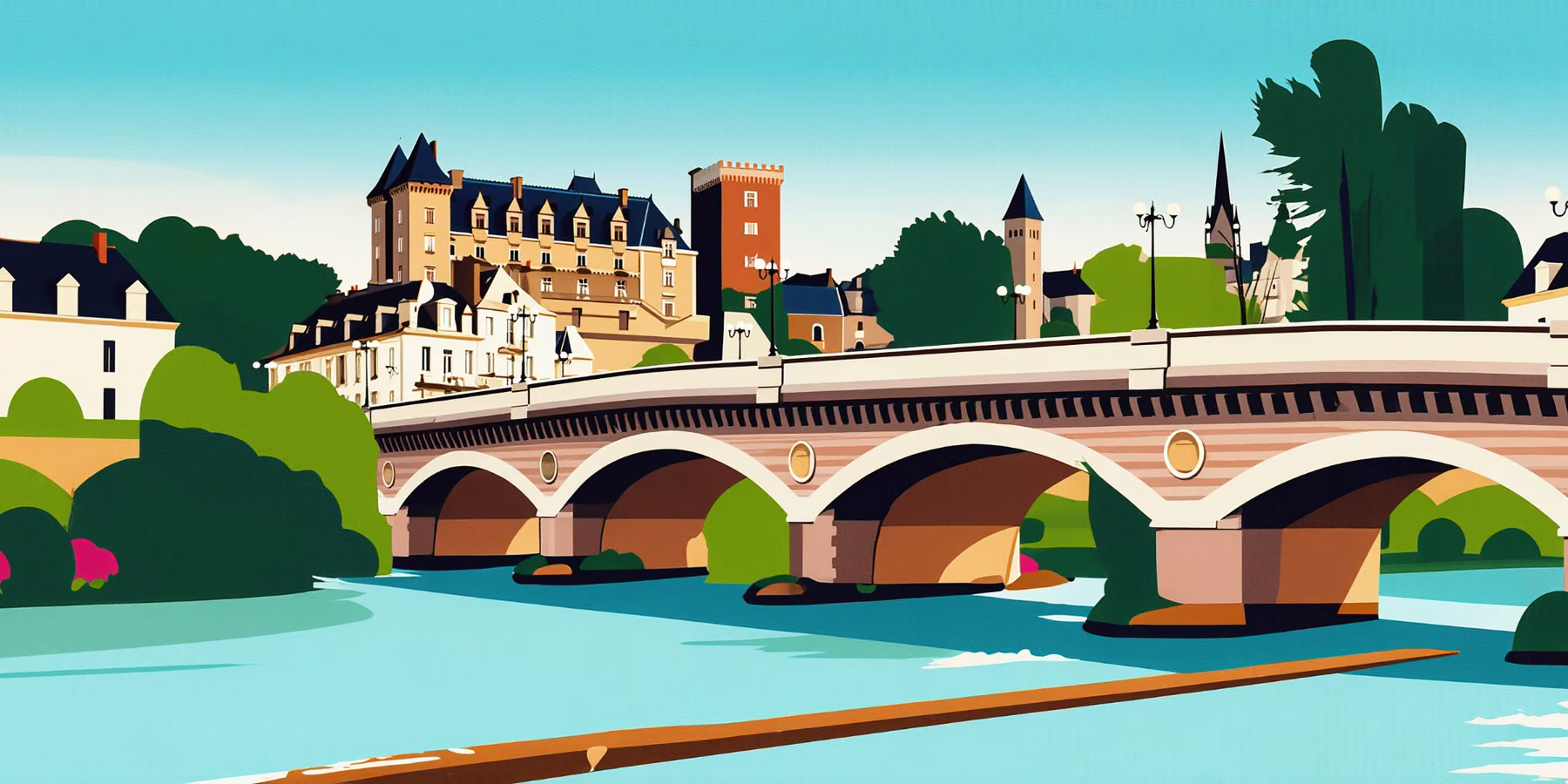 Le château de Pau et le pont sur le gave, illustrés en aplats de couleurs