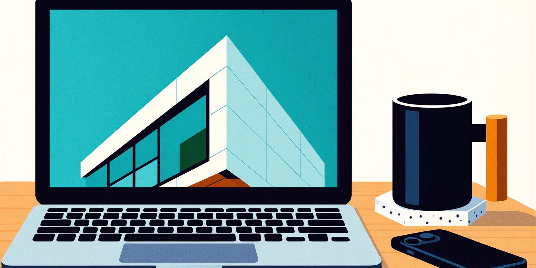 Ordinateur portable affichant un site internet illustré, sur un bureau
